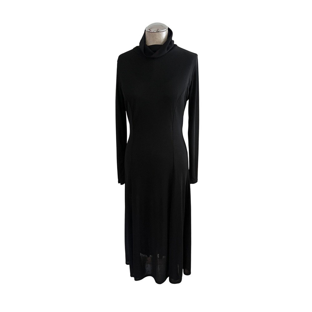 Vintage 90s Bonnie Marx Black Cowl Neck Long Sleeve A-Line Midi Dress M